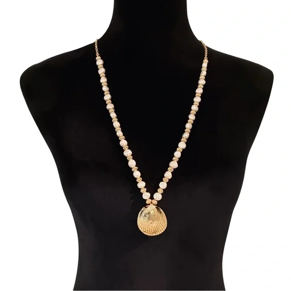 NEW NWT Talbots Gold Cream Pearl Beaded Shell Necklace Beach Vacation $79.50 Tag - Picture 3 of 4